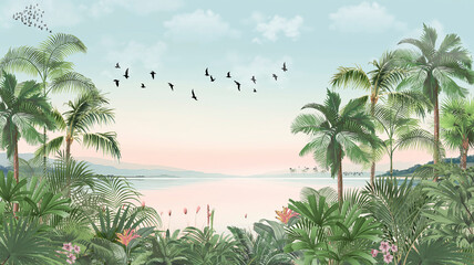 Verdant Island Wall Mural: Green Sky, Palms & Ocean View with Flying Birds © csinie1
