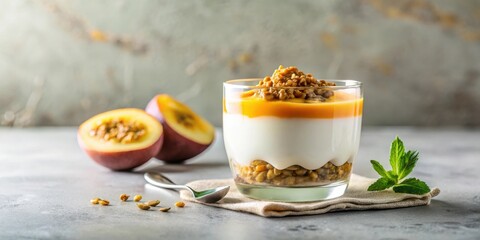 Layered dessert parfait with creamy yogurt, sweet fruit puree, and crunchy granola topping