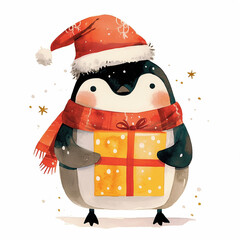Cute penguin wearing a Santa hat and scarf while holding a gift in a snowy setting during the holiday season
