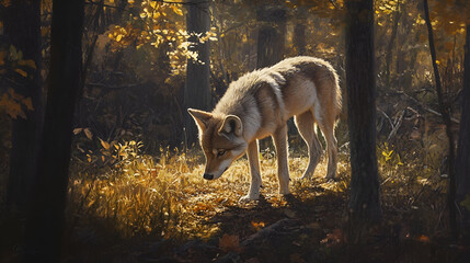 A young wolf exploring the forest floor, its nose to the ground as it investigates the scent trail. The shadows of the trees and the soft, golden light filtering through the branches add