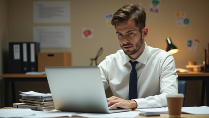 Fototapeta premium Corporate Employee Concentrated on Office Laptop Task