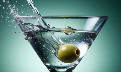 A martini glass captures an olive dropping into a clear cocktail, creating ripples against a teal background.