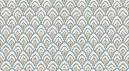 Seamless vintage tile pattern with teal, beige, and brown geometric arches.