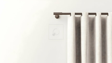 Beige And Brown Patterned Curtain On Rod Against White Wall