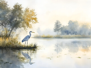 A blue heron standing perfectly still in a quiet pond, the water reflecting the surrounding trees and sky. The soft light of early morning adds a sense of tranquility and harmony between