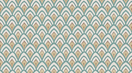 Seamless vintage tile pattern with teal, beige, and brown geometric arches.