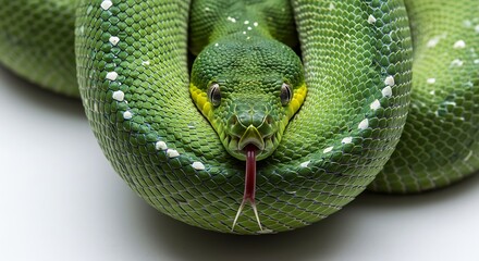 Obraz premium Vibrant Emerald Tree Boa with White Flecks Isolated on White Background Displaying Striking Tongue for Exotic Reptile Enthusiasts and Wildlife Conservation