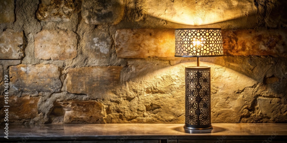 Poster Illuminated Table Lamp with Intricate Design Against a Rustic Stone Wall