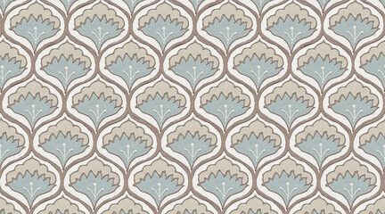  Elegant floral damask tile with teal and tan motifs inside brown outlined shapes.