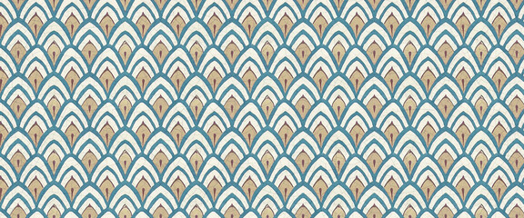 Seamless vintage tile pattern with teal, beige, and brown geometric arches.