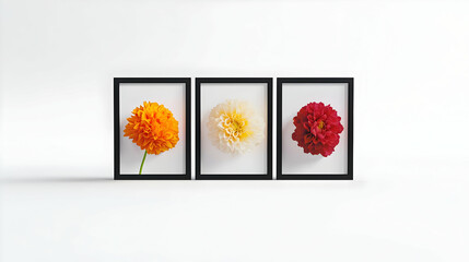 Three Framed Colorful Flowers On White Background