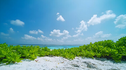 Tropical Beach Scene With White Sand And Lush Green Plants