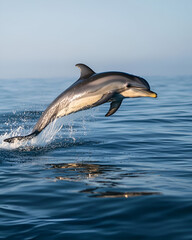 Fototapeta premium A dolphin leaping joyfully out of the ocean, the sunlight catching its sleek body as it arcs through the air. The clear blue water and warm sky create a carefree and joyful atmosphere.