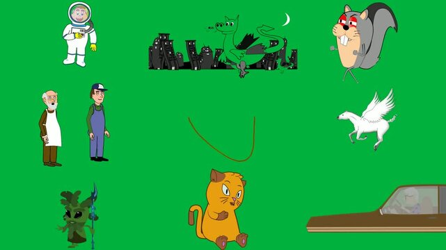 astronaut green background screen black white silhouettes dinosaurs city old man young standing next each other line drawing mountain horse running cartoon character holding spear cat.