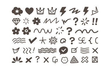 Hand Drawn Doodle Elements Collection with Crowns Hearts Flowers Lightning Bolts Check Marks Question Marks and Other Decorative Symbols
