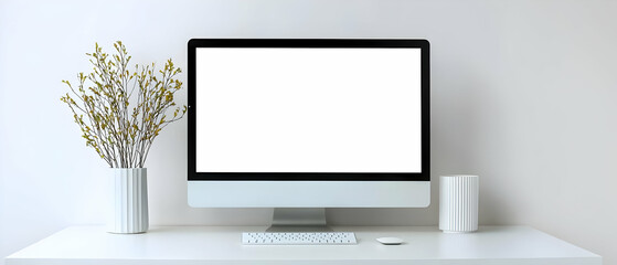 Modern Minimalist Workspace With Empty Computer Screen And Gold Decor