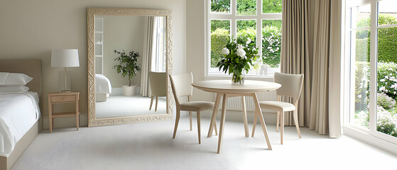 Light Beige Modern Bedroom With Large Mirror And Wooden Furniture