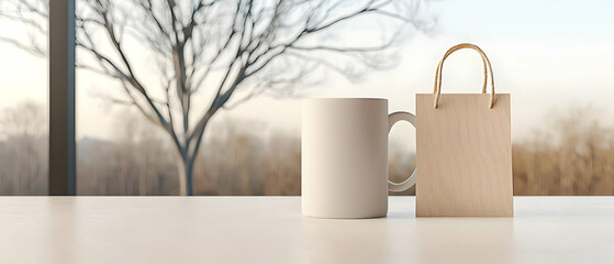 Empty Mug And Paper Bag On White Table With Winter Window Background
