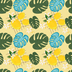 Fototapeta premium Seamless vector pattern featuring bright yellow lemons, tropical green and blue leaves, and delicate white flowers. Perfect for summer designs, textiles, wallpapers, packaging. Vector