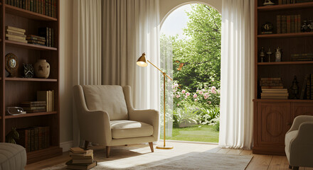 Elegant Living Room Interior with Garden View Through Archway