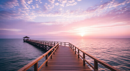 Fototapeta premium Peaceful Sunset Pier: Ocean View, Tranquil Waterfront Scene