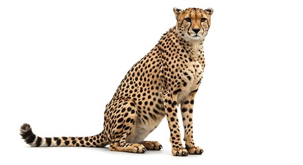 Obraz premium Majestic Cheetah Sitting Elegantly Isolated on White Background Symbolizing Wildlife Conservation Purity Grace Strength Focus Precision Beauty and Feline Power Captivating and Alert Stare