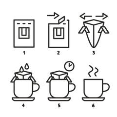drip coffee icon, making coffee, instruction steps, set icons, preparing a hot drink, linear vector illustration