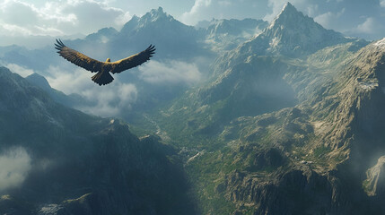 A golden eagle soaring high over rugged mountain peaks, its keen eyes searching the landscape below. The vastness of the mountains and the sharp clarity of the sky amplify the eagles power and grace.