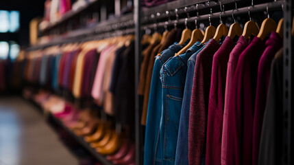 Secondhand clothing display with a variety of colorful shirts on hangers