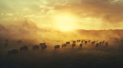 A herd of wildebeests crossing the Serengeti at sunrise, the mist rolling over the plains as the sun begins to rise. The sense of urgency and movement highlights the animals'