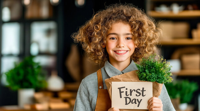 Hispanic boy smiling and holding a First Day sign with a plant
