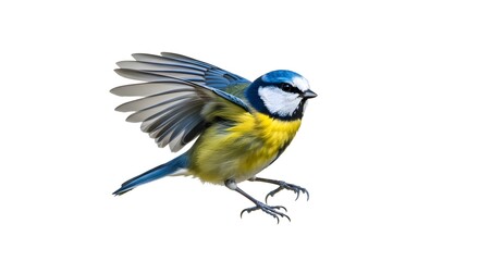 Fototapeta premium Eurasian Blue Tit in Flight: A Vibrant Wild Bird Isolated on White