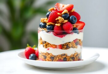 white plate topped with a dessert covered in fruit