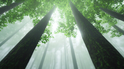 Serene, moss covered forest with tall trees reaching skyward, illuminated by soft, low angle sunlight filtering through mist, creating tranquil and ethereal atmosphere