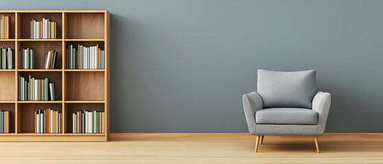 Empty Living Room With Bookshelf And Chair