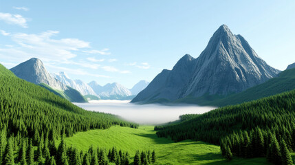 Serene mountain landscape with pine covered slopes, lush green valley, and layer of mist blanketing lower areas under bright blue sky