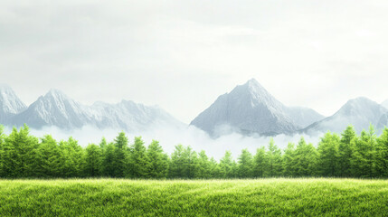Serene landscape featuring lush green meadow in foreground, dense pine forest in middle, and majestic mountains fading into misty morning sky in background