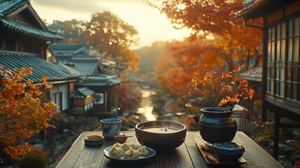 Autumnal Japanese village scene with tea and food