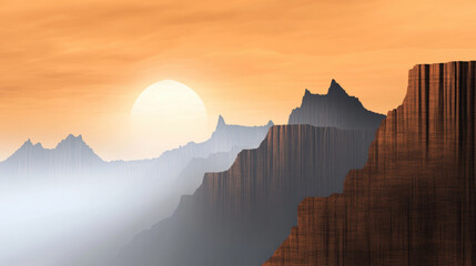 Serene landscape of sharp mountain cliffs fading into soft mist under warm orange sky, with sun glowing gently in background, evoking sense of tranquility