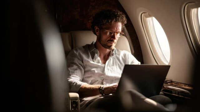 Finance manager take sip of coffee on business trip. Confident boss work laptop checking marketing sales statistics on luxury private jet. Focused stylish man looking airplane window drinking beverage