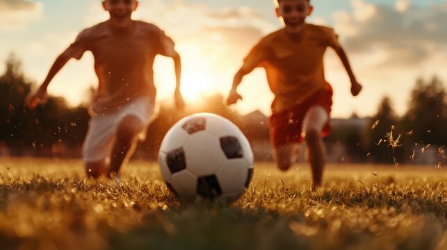 Two energetic boys sprint towards a soccer ball on a grassy field, silhouetted against a breathtaking sunset that reflects their competitive spirit and childlike joy.