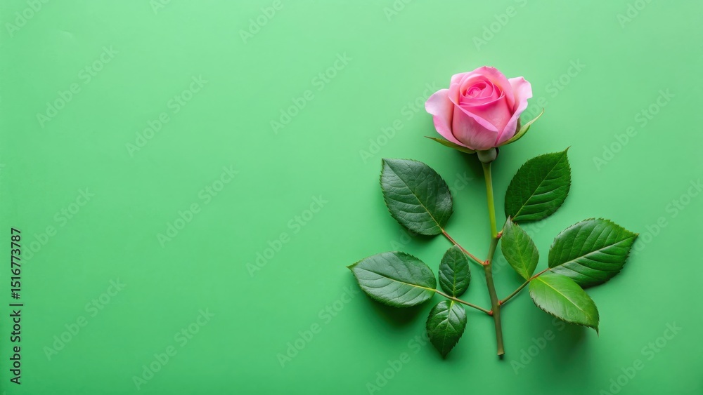Poster a single pink rose with vibrant green leaves rests elegantly on a smooth, pastel green background, c