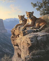 A pair of mountain lions resting on a rocky outcrop at dusk, the fading light casting long shadows across the rugged landscape. The stillness and quiet of the moment 