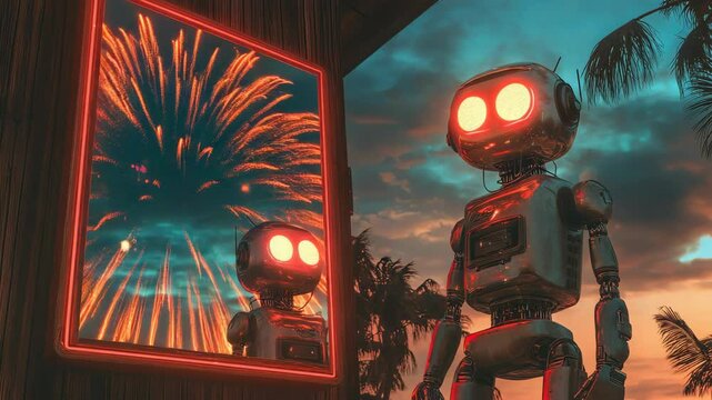An illustration of a futuristic robot standing in front of a mirror, contemplating its own reflection in a sci-fi setting.