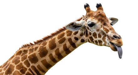 Naklejka premium Giraffe Portrait Isolated on White Background With Tongue Out Playful Wildlife Funny Animal Behavior Zoo Mammal African Fauna Long Neck Cute Giraffidae