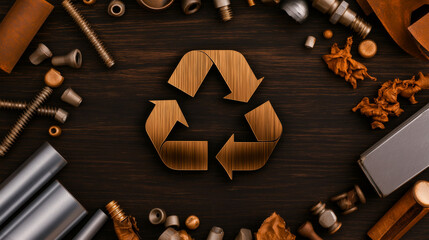 Recycling concept with copper-colored metal scraps surrounding metallic recycle symbol