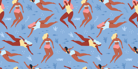 Summertime cute seamless pattern with swim in the sea or ocean body positive women. Underwater swimming. Background with swimming girls. Vector illustration	