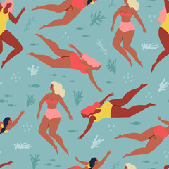 Summertime cute seamless pattern with swim in the sea or ocean body positive women. Underwater swimming. Background with swimming girls. Vector illustration	