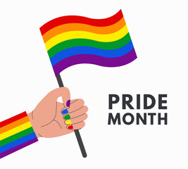 LGBTQ support social media banner or post template, greeting card or party invitation. Hand hold rainbow lgbt flag and celebrate pride month, week or day vector flat illustration. 