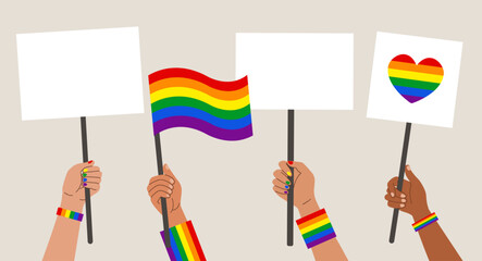 Hands holding LGBT rainbow flags, posters, symbols. Pride month celebration. Gay pride. Flat style. People holding lgbt posters, symbols, signs and flags with rainbows, gay parade. Vector illustration